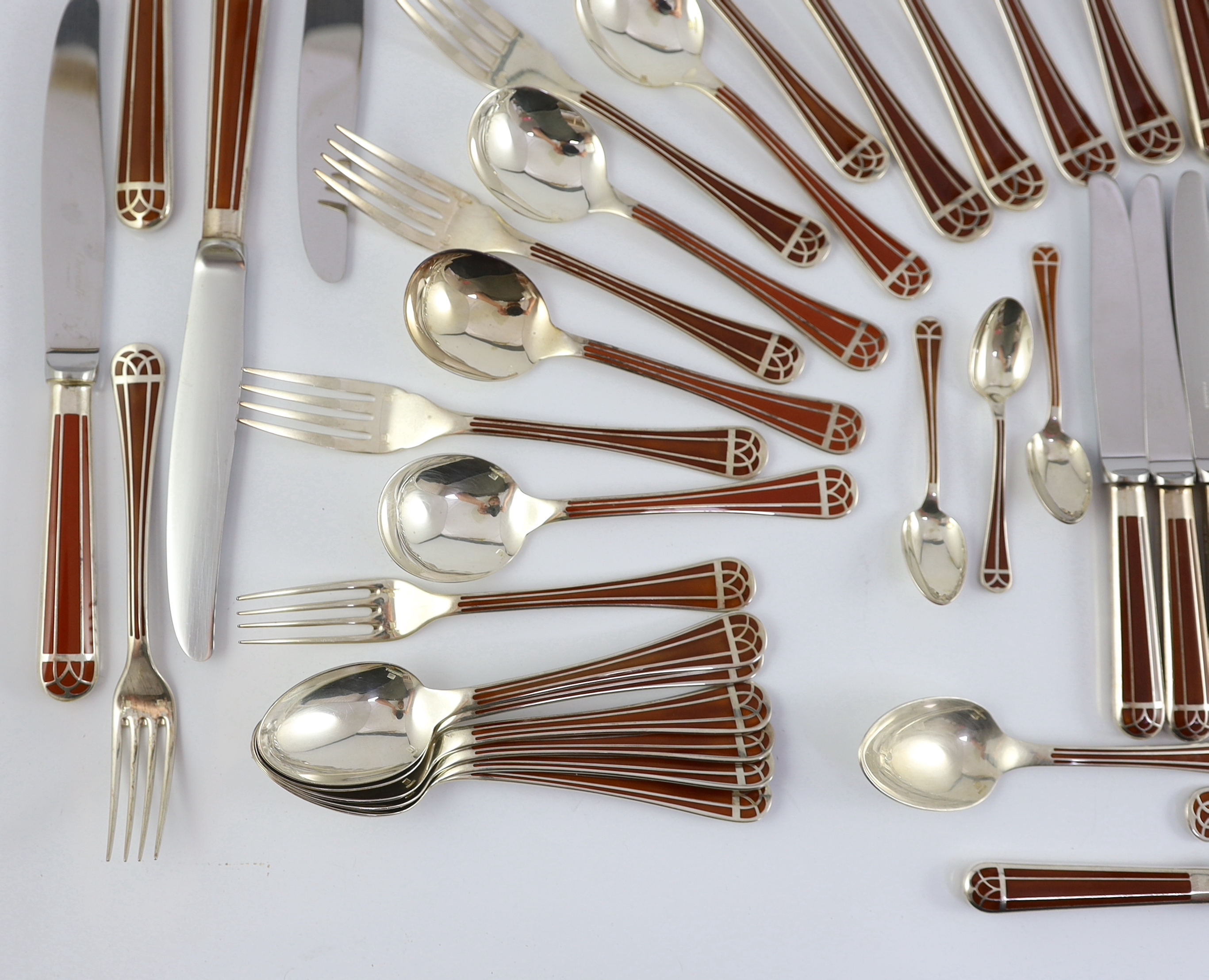 An almost complete canteen of modern Christofle silver plated and Chinese brown lacquer Talisman pattern cutlery for eight, designed by Bernard Yot